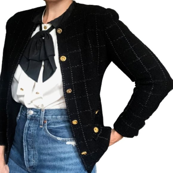 Vtg Military Academia Window Pane Textured Knit Black Gold Knit Blazer - Picture 4 of 16